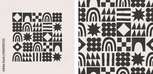 Fun geometric shape seamless pattern set. Abstract retro scandinavian style art background, trendy design with geometry shapes. Simple mosaic wallpaper texture.