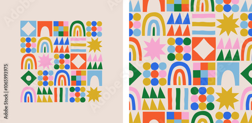 Fun colorful geometric shape seamless pattern set. Abstract retro children style art background for kids, trendy design with geometry mosaic shapes. Simple childish patchwork wallpaper texture print.