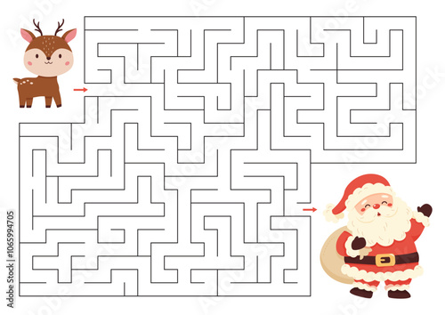 Christmas labyrinth with cute reindeer and Santa Claus. Educational maze puzzle. Activity worksheet with cute characters.