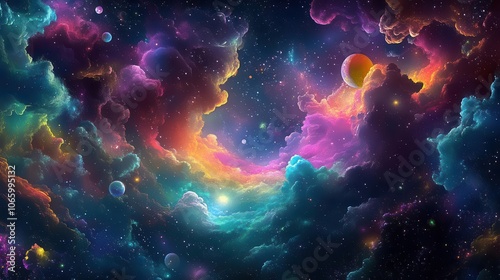 vibrant abstract wallpaper bursting with color, depicting a cosmic journey through stars and planets, invoking a sense of wonder and time travel