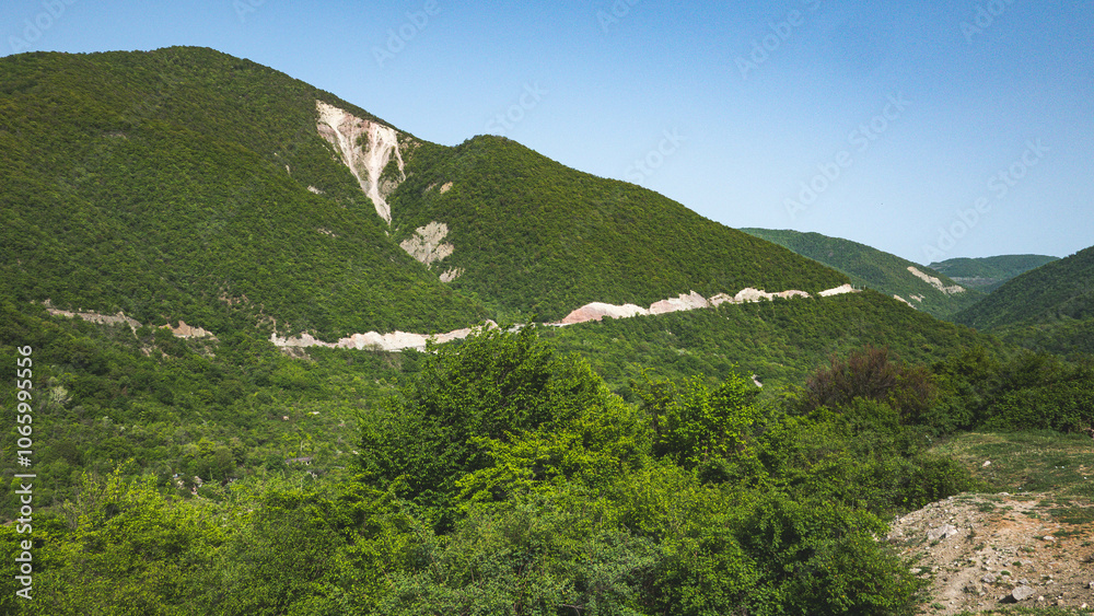 Fototapeta premium Caucasus mountains in Georgia mount Kazbegi travel hiking scenery