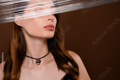 Photo of classy chic stunning lady plump lips hiding eyes transparent material isolated on brown color background photo