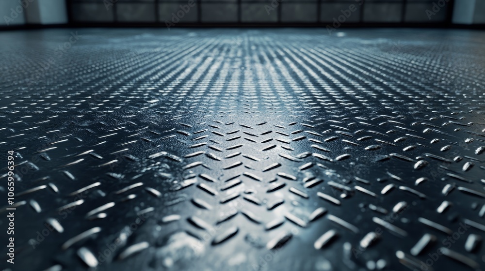 Obraz premium Checker plate floor reflecting industrial lighting, metallic diamond texture covering a wide industrial space, landscape orientation with strong geometric patterns