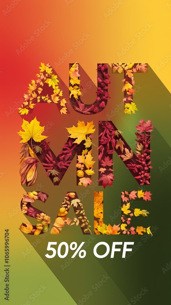 Obraz premium Vibrant autumn sale poster with leaf typography and 50% discount