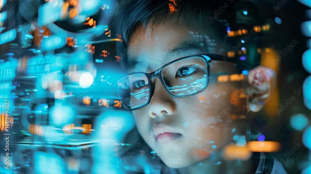 Young Asian boy looking at hologram screen image in data center. Future concept technology