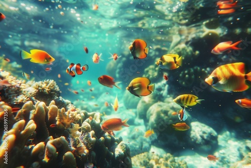 Fish and sea life from the eyes of a snorkeler, with underwater clarity and colors.. photo