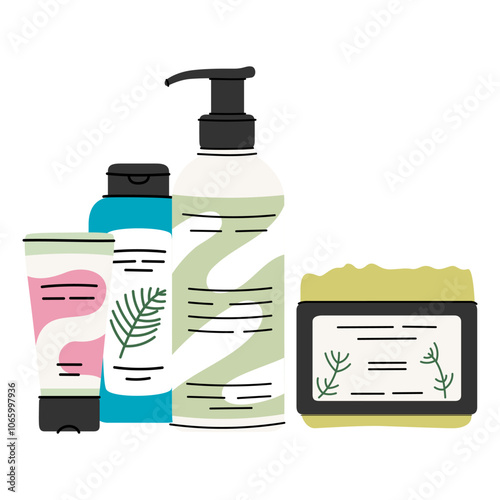 Bottles with cosmetic products and beauty essences. Cosmetics for body, hair, skin and facial care.