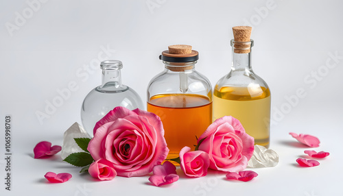 Valentines day love potion magic spell ingredients with pink rose flowers, honey, quartz crystals, oil, spring water. Wiccan, occult and shamanic mystical concoction for lovers isolated with white h photo