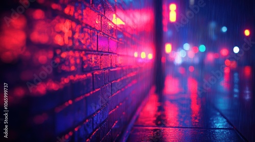 Wallpaper Mural Brick wall illuminated by neon lights reflecting on wet pavement in the rain. Torontodigital.ca