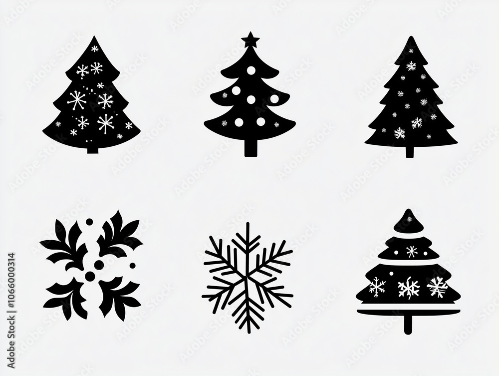 Obraz premium Christmas tree clipart, simple ink drawing SVG cut file, vector illustration of six Christmas trees in different shapes, each with its own design and style, black lines on a white background,