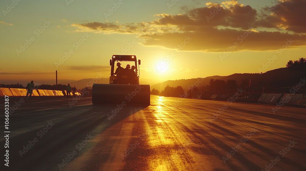 Fototapeta premium Road Construction Workers Silhouette at Sunset