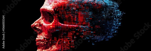 digital skull made of binary code in red blue against black background copy space cybersecurity hacking threat photo