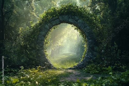 Enchanting forest gateway  a cartoon door to a mysterious fairy tale realm awaits exploration photo