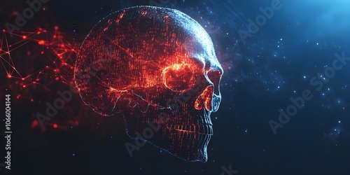 digital skull made of binary code in red blue against black background copy space cybersecurity hacking threat photo