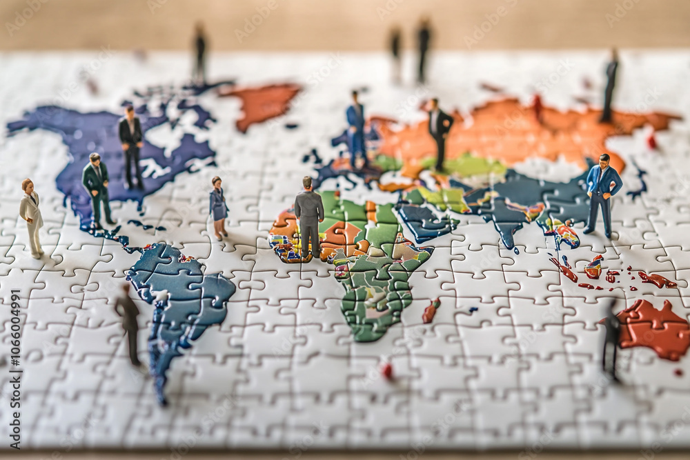 Naklejka premium Miniature Figures Standing on a World Map Puzzle
