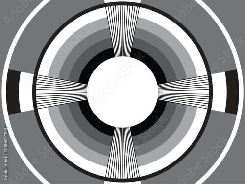 Early television. At the conclusion of a broadcast day a test pattern would appear to mark the end of the signal transmission. A countdown or station identification would be in the center circle.