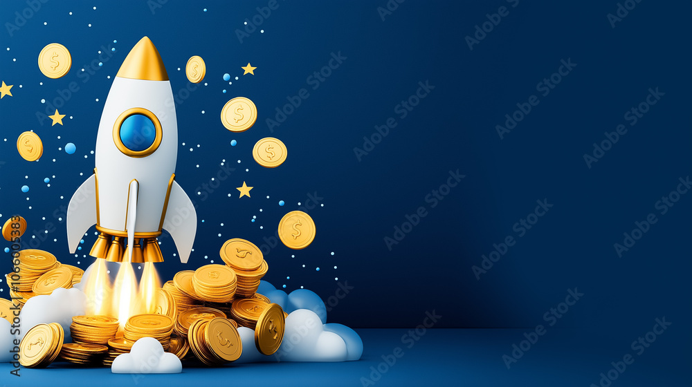A vibrant rocket soars through clouds and gold coins, symbolizing exciting business growth and opportunities A vibrant rocket soars through clouds and gold coins, symbolizing exciting business growth and opportunities