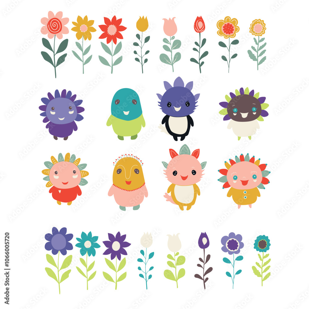 Naklejka premium Set of bright flowers and funny creatures. Vector illustration in cartoon style. 