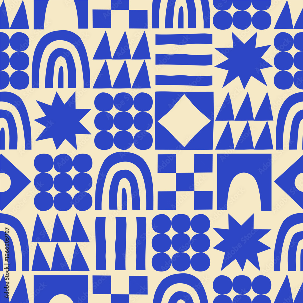Fun geometric shape seamless pattern. Abstract retro scandinavian style art background, trendy design with geometry shapes. Simple mosaic wallpaper texture.