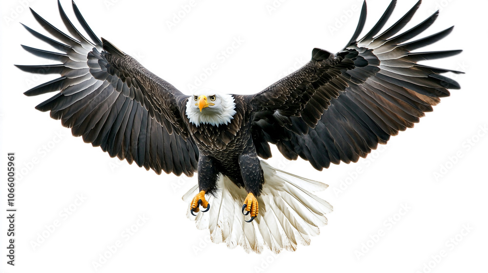 Fototapeta premium Majestic Bald Eagle in Flight with Spread Wings Isolated on White Background