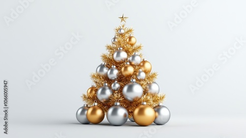 Elegant Christmas tree with golden garlands and silver baubles, perfectly shaped and isolated on a crisp white background, festive and bright photo