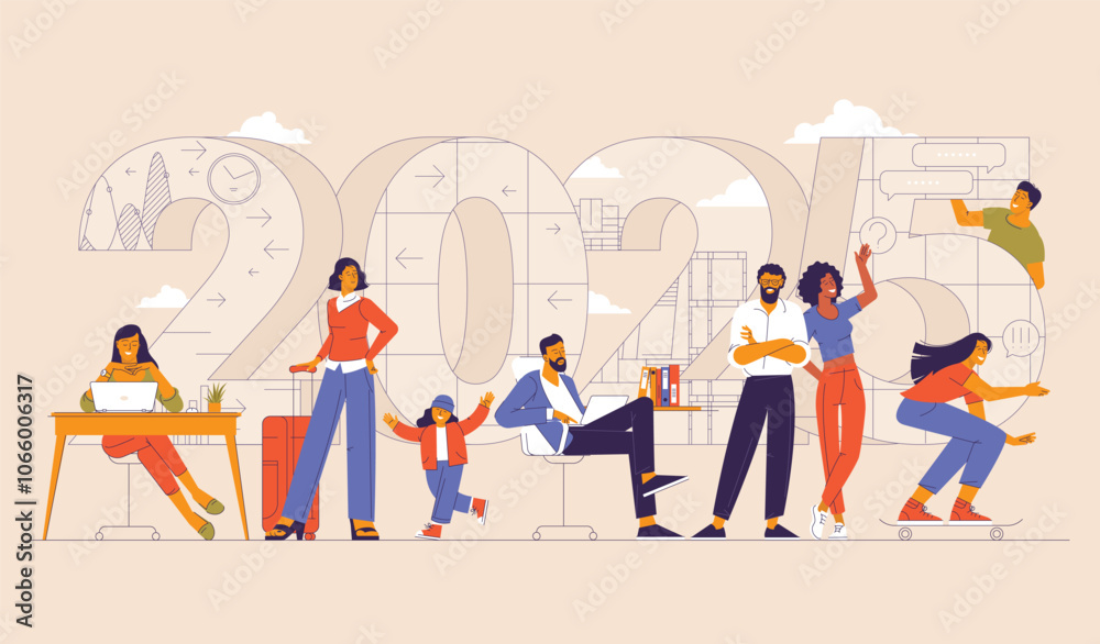 Fototapeta premium Flat design cartoon style New Year vector concept.
