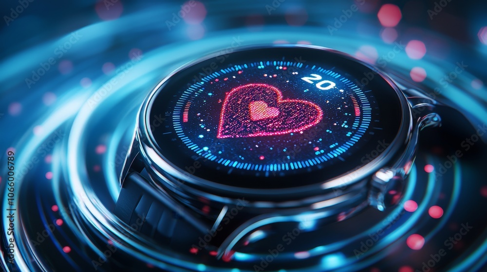 custom made wallpaper toronto digitalClose-up of a sleek smartwatch with real-time heart rate monitoring display, vibrant UI elements against a futuristic blue background, holographic glow