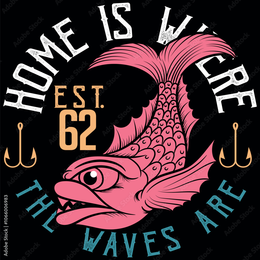 Obraz premium Illustration of a koi fish with big teeth in tattoo style, design in neon colors to bring to life the vacation lifestyle with texts and names of beaches for summer and spring vacations. Surfing and bi