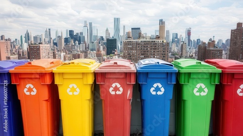 Row of colorcoded recycling bins in a cityscape, promoting communitydriven carbon footprint reduction photo