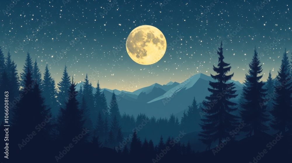 Fototapeta premium Serene Night Sky, a flat design showcasing a luminous full moon surrounded by sparkling stars on a deep blue canvas