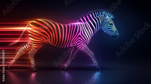Multicolor gradient zebra stripes gliding over a dark black backdrop, blending vivid colors with sleek modernity. Abstract zebra art, Bright gradient design