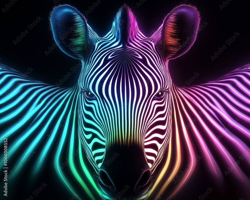 Naklejka premium Neon zebra stripes morphing across a deep black canvas, with a seamless blend of vivid gradients in blue, green, and pink, creating a mesmerizing abstract effect