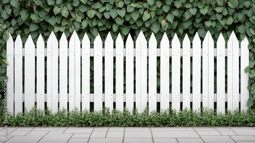 Fototapeta premium A well-maintained white wooden fence borders a vibrant green hedge, creating a serene atmosphere in a sunny yard