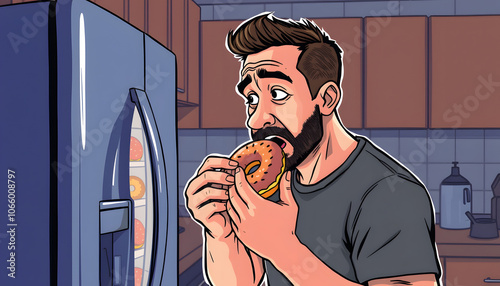 Man eating donuts near refrigerator in kitchen at night. Bad habit isolated with white highlights, png photo