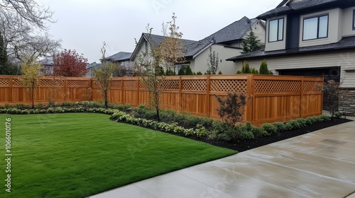 An outdoor wooden fence with lattices stands next to a well-maintained lawn, surrounded by residential houses in British Columbia photo