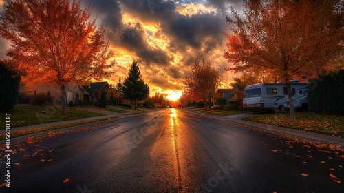 Autumn Sunset Street with RV and Golden Sky