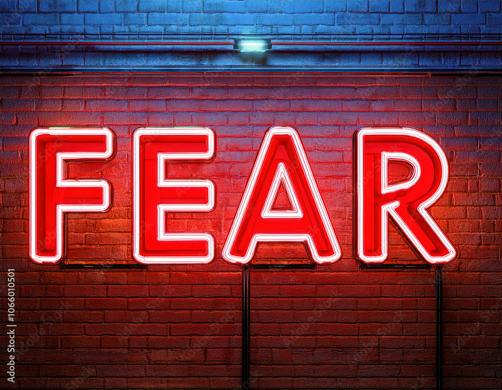 Obraz premium 3d render of red neon letters FEAR on the brick wall