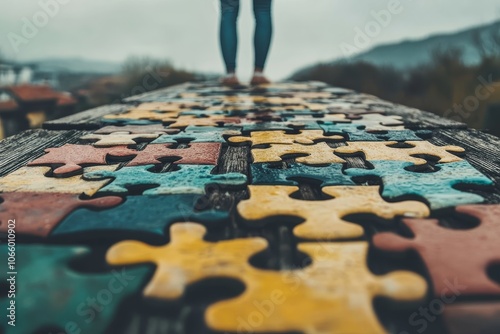 Person on a puzzle piece bridge symbolizing the intricacies of life s journey and challenges photo