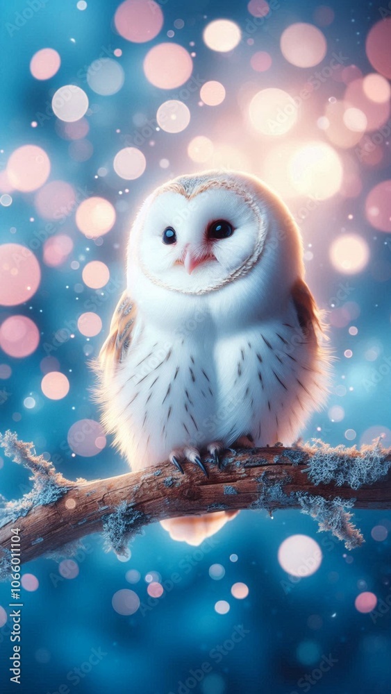 Obraz premium Cute and fluffy white owl perched on a branch with a bokeh background
