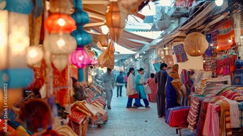Colorful Moroccan market with festive products and colorful decorations for Ramadan concept