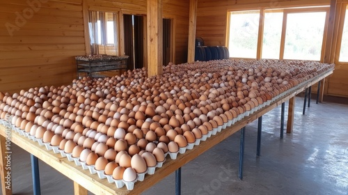 Cartons filled with fresh eggs are organized on a table at an egg farm, prepared for packaging and showcasing to customers photo