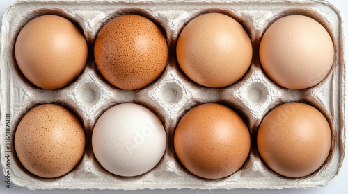 Cartons filled with fresh eggs are organized on a table at an egg farm, prepared for packaging and showcasing to customers photo