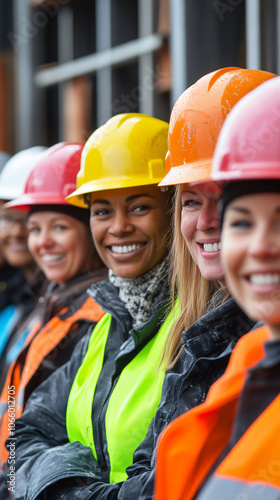 Confident and diverse female construction team proudly showcasing success and teamwork on a bustling urban job site