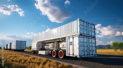 A white semi-trailer truck with two shipping containers drives on a highway through a dry, grassy landscape under a bright blue sky with clouds.