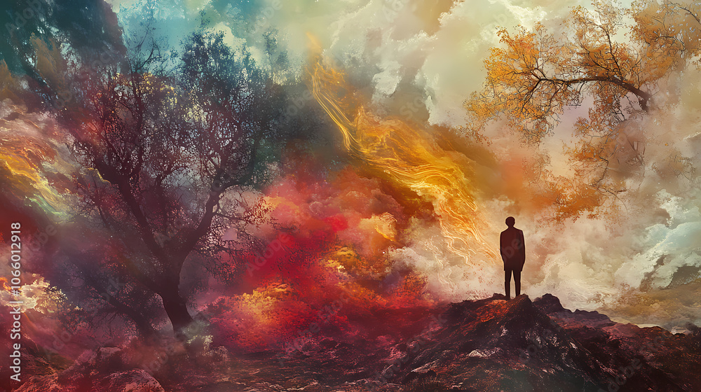Fototapeta premium Generative ai reverie: exploring the mindscapes - a captivating photograph of a surreal dreamscape, embodying curiosity, fear, and wonder. Dreamscape. Illustration