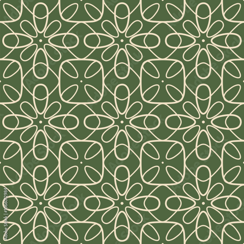 Abstract vector seamless pattern. Simple floral geometric ornament. Retro vintage style background texture with thin curved lines, flower silhouettes, grid, lattice. Green and beige color. Geo design