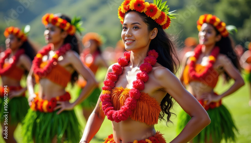 A group of Hawaiian hula dancers performing outdoors, dressed in colorful traditional attire with floral accessories, underlining Hawaiian culture and festivity