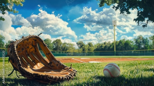 A baseball glove and ball lie on the grass infield of a baseball field, with a blue sky and fluffy clouds in the background.