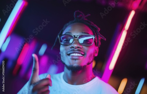 Smiling Man in Neon Lights - Urban Fashion Portrait photo