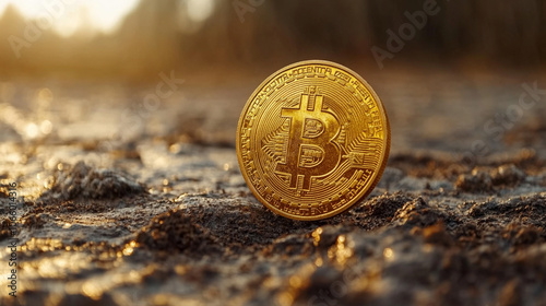 digital Bitcoin coin stands against a blank space, symbolizing the concepts of cryptocurrency, innovation, and financial freedom. This image reflects the modern era's digital transformation and econom photo